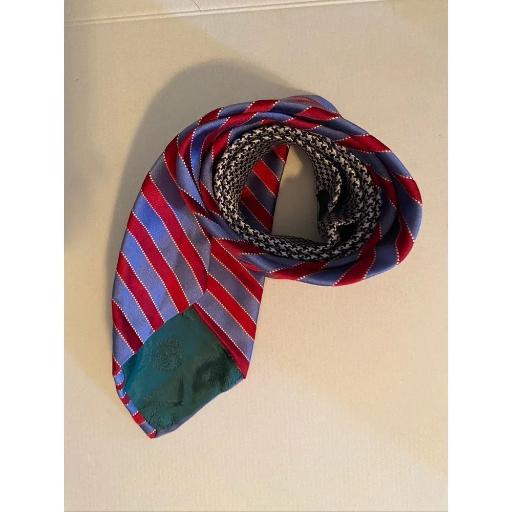 Tommy Hilfiger Mens Red Blue Striped Silk Tie Houndstooth Contrast Tip